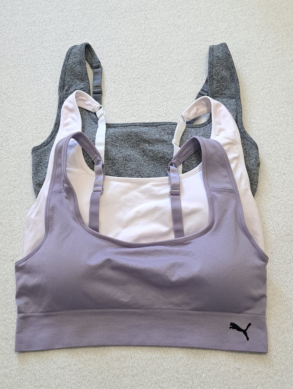 Set Of 3 Puma Sports Bras Square Neck Grey Purple Pink Size XL Activewear Sporty